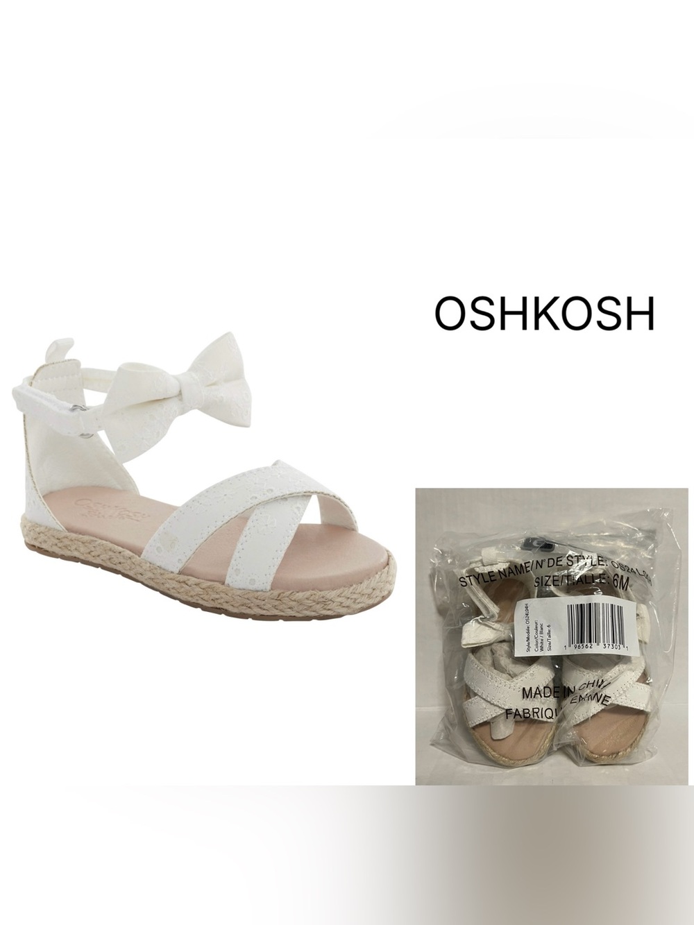 OSHKOSH - 6 - NWT - INFANT / TODDLER GIRLS - WHITE FLORAL EYELET SANDALS /SHOES